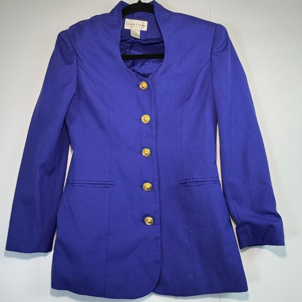 Casual Corner Petite Vintage Royal Blue Blazer Gold Button Jacket 4P